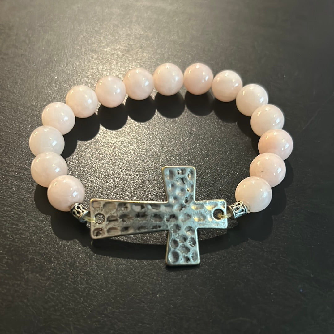 Pale Pink gemstones w-Silver metal Hammered Cross