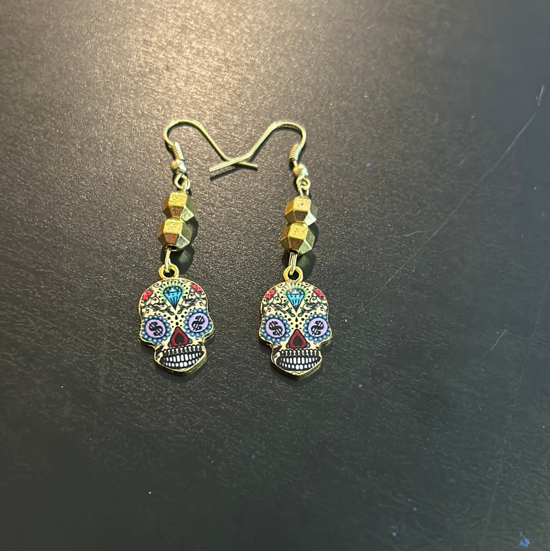 Gold metal Sugar Skull earrings