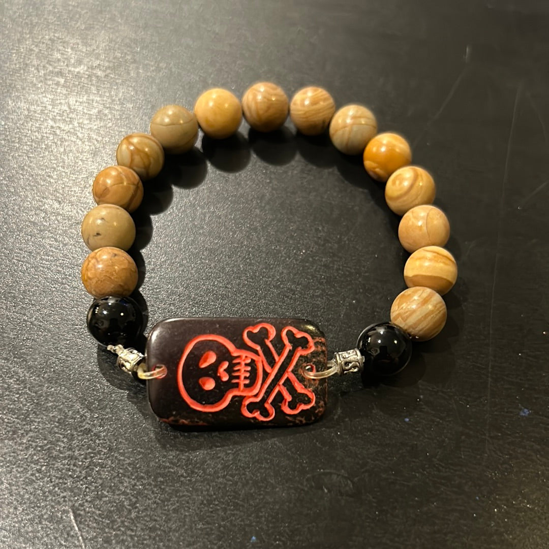 Jasper earth tone stones w/Black Red Skull pendant