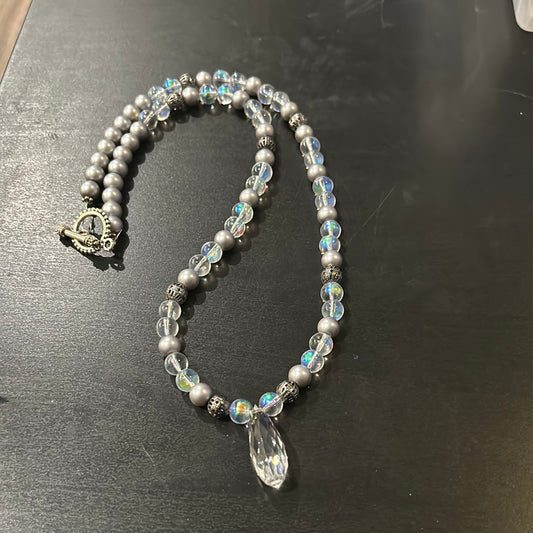 Silver hematite & crystal stones w/Crystal teardrop necklace