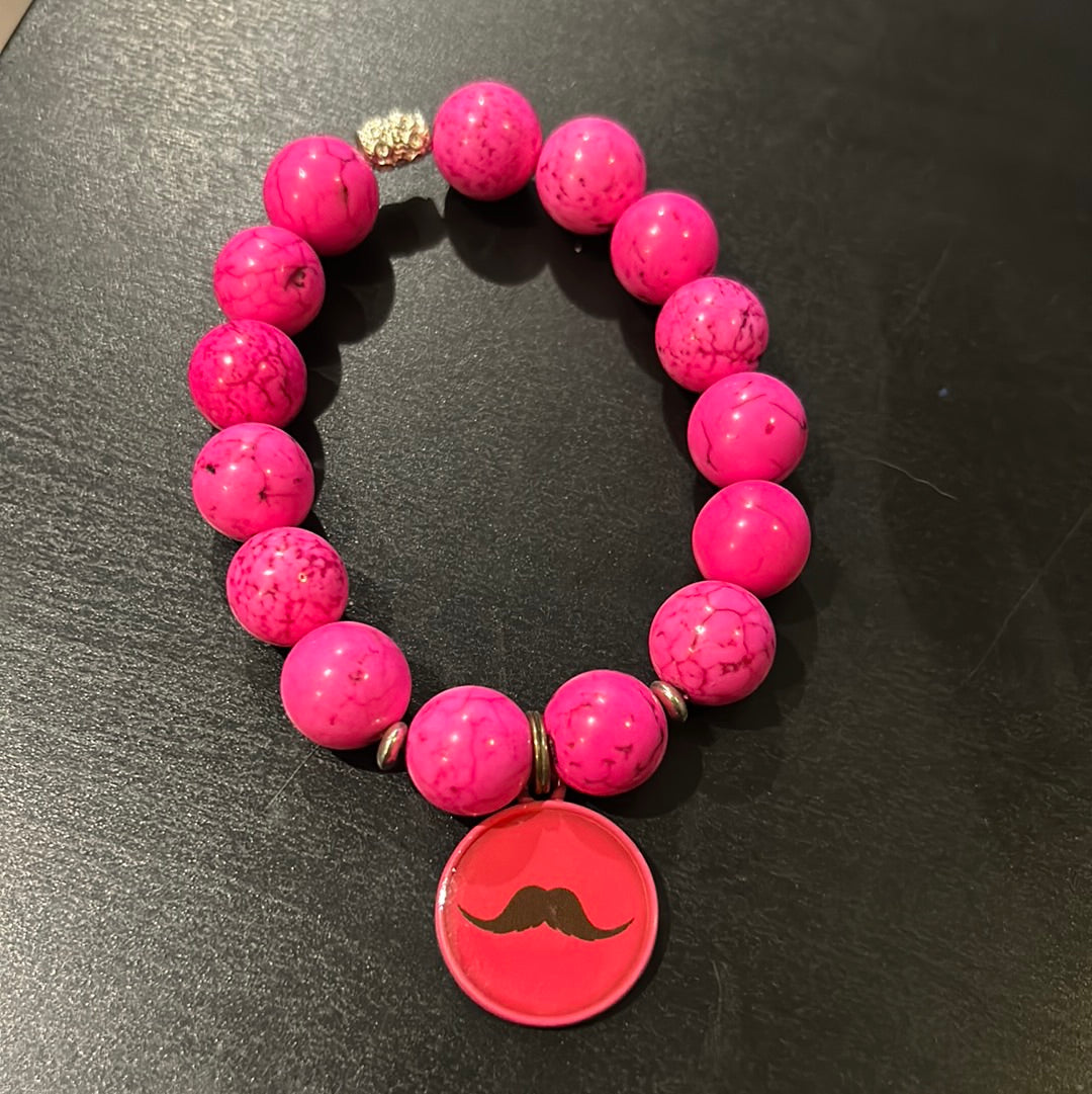 Hot pink crackled stones w/Pink mustache charm