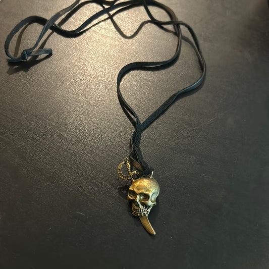 Thin Leather w/Bronze metal Skull Necklace