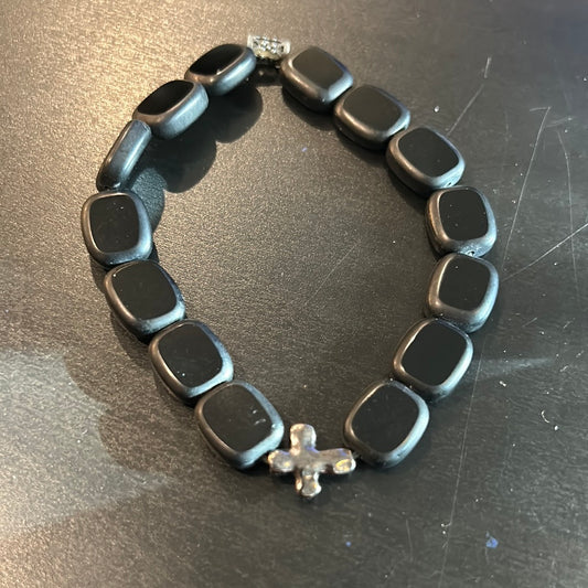 Black Flat Stones w/Mini Hematite metal cross