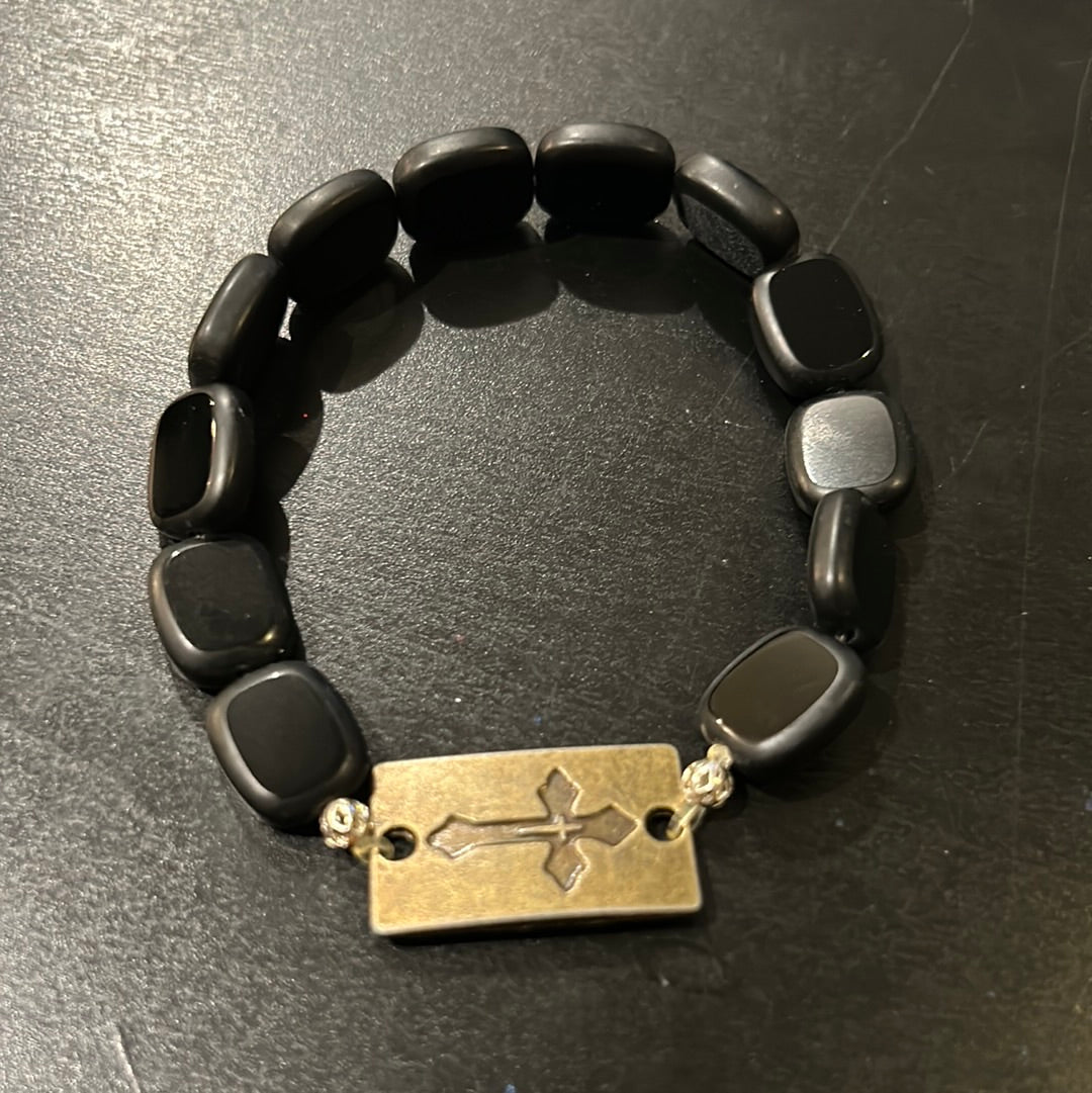 Black flat square stones w/Bronze metal Cross medallion