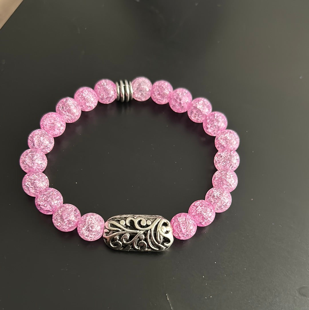 Crackled Baby Pink w/Silver filigree bracelet