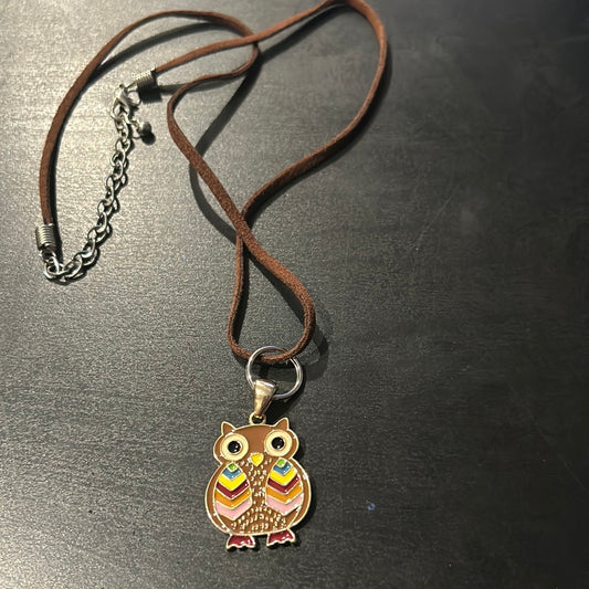 Brown Leather Metal Colorful Cute owl necklace