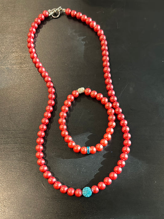 Hot coral faux pearls w/Turquoise rhinestones Necklace & Bracelet SET(2pcs)