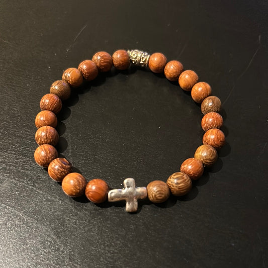 Wooden beads w Metal mini Cross