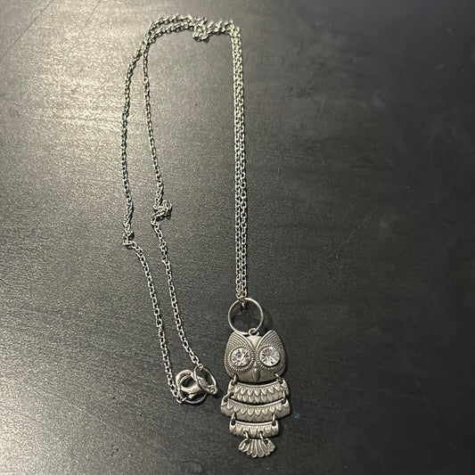 Long Silver chain/ cute Rhinestone Owl necklace