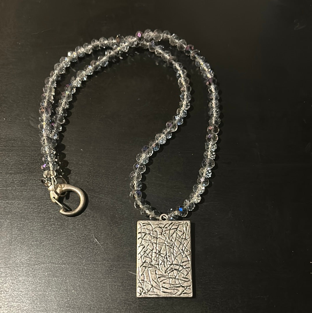 Iridescent silver/grey faceted stones w/Pink shimmer large square accent piece Necklace