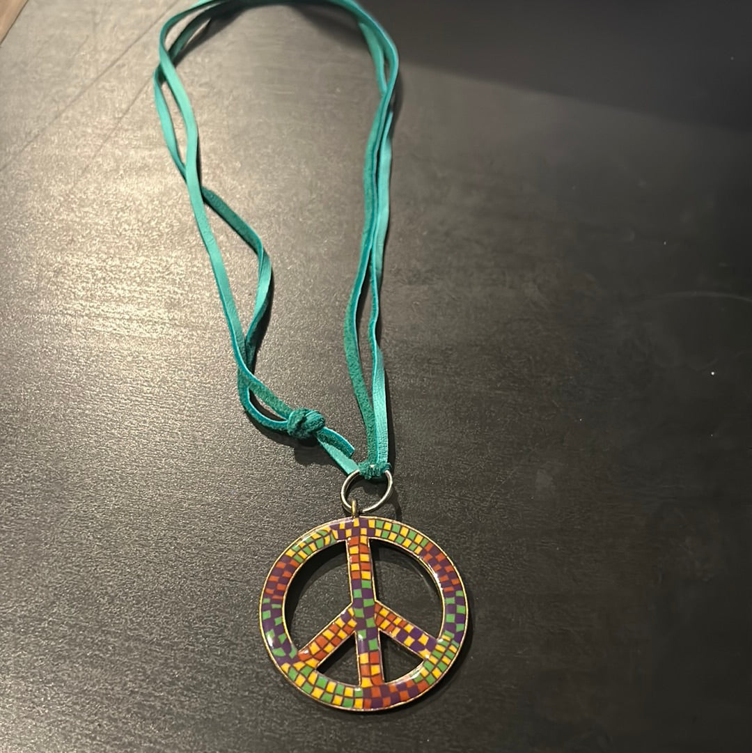 Turquoise Soft leather w/Multi Colored Peace Sign necklace