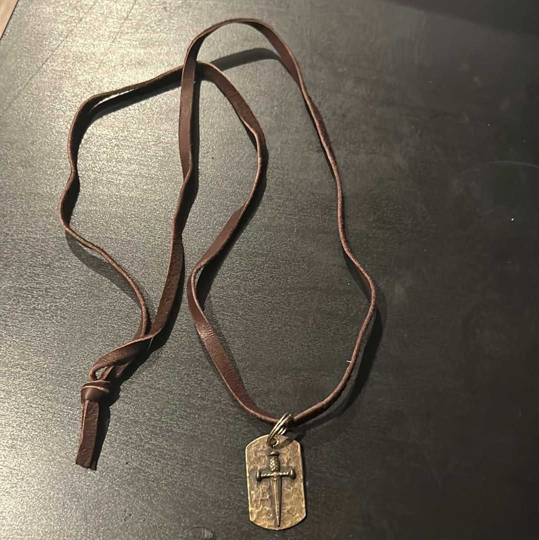 Soft brown leather w/Bronze Metal Dagger Medallion necklace