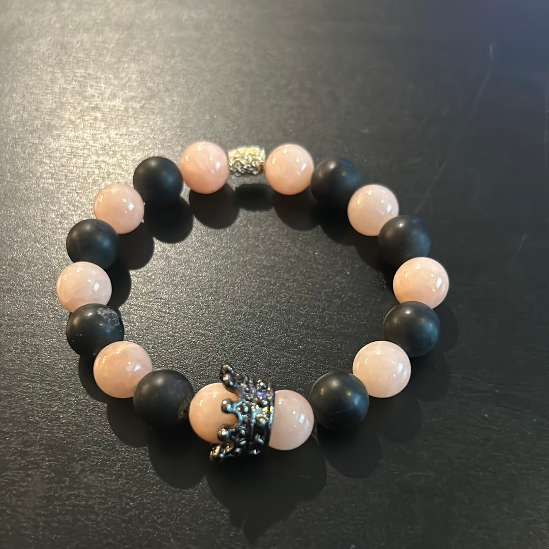 Pale pink & black matte stones w/Hematite Metal Crown