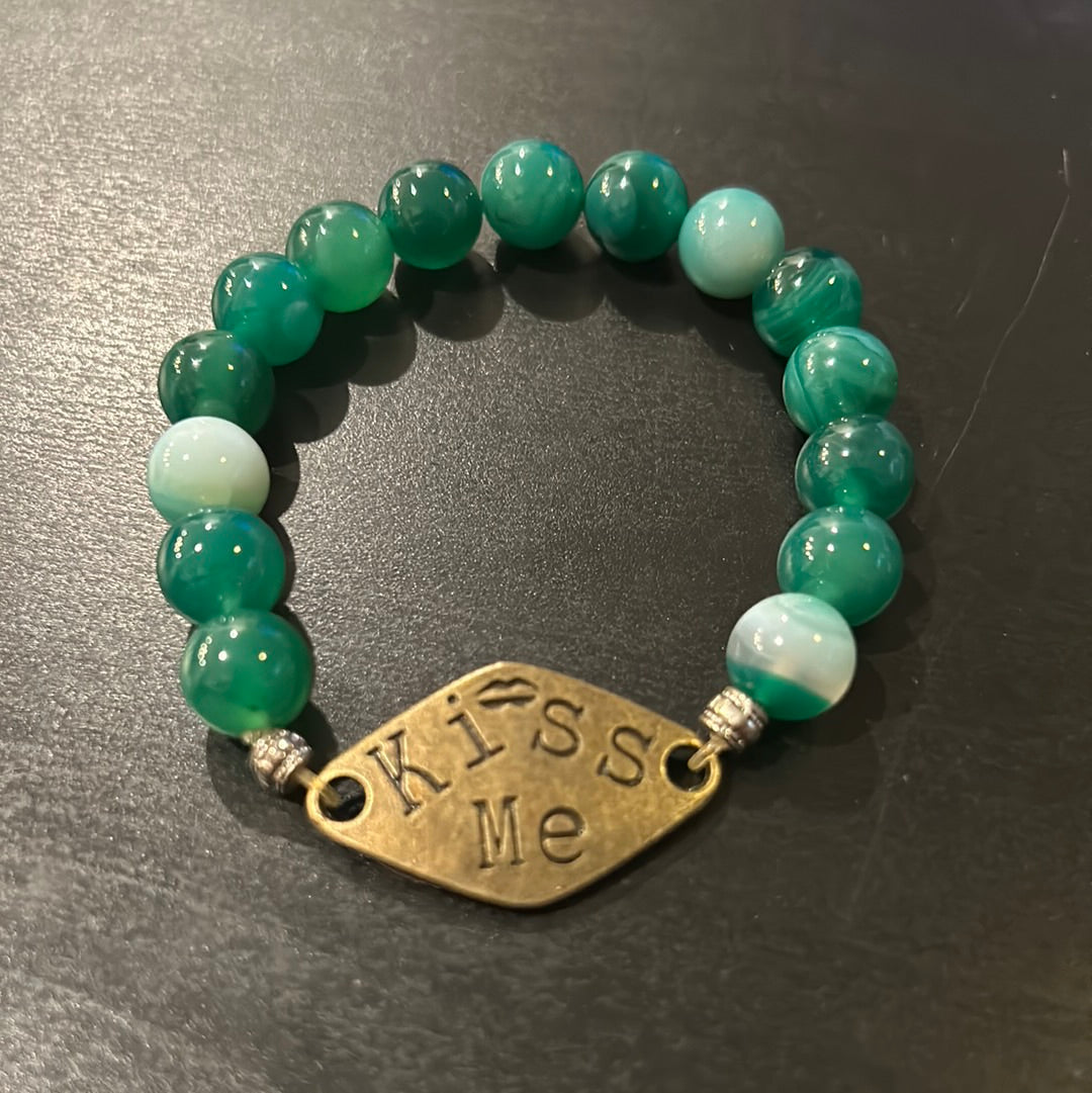 Emerald Green Swirled Agate w/Bronze Metal Kiss Me