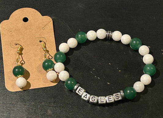 Dark Green & White “Philadelphia Eagles” bracelet/earrings Set