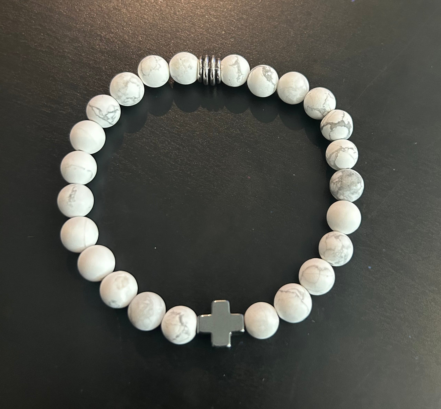White Marble gemstones mini Hematite metal flat cross