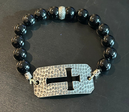 black obsidian gemstones w/metal cut out cross
