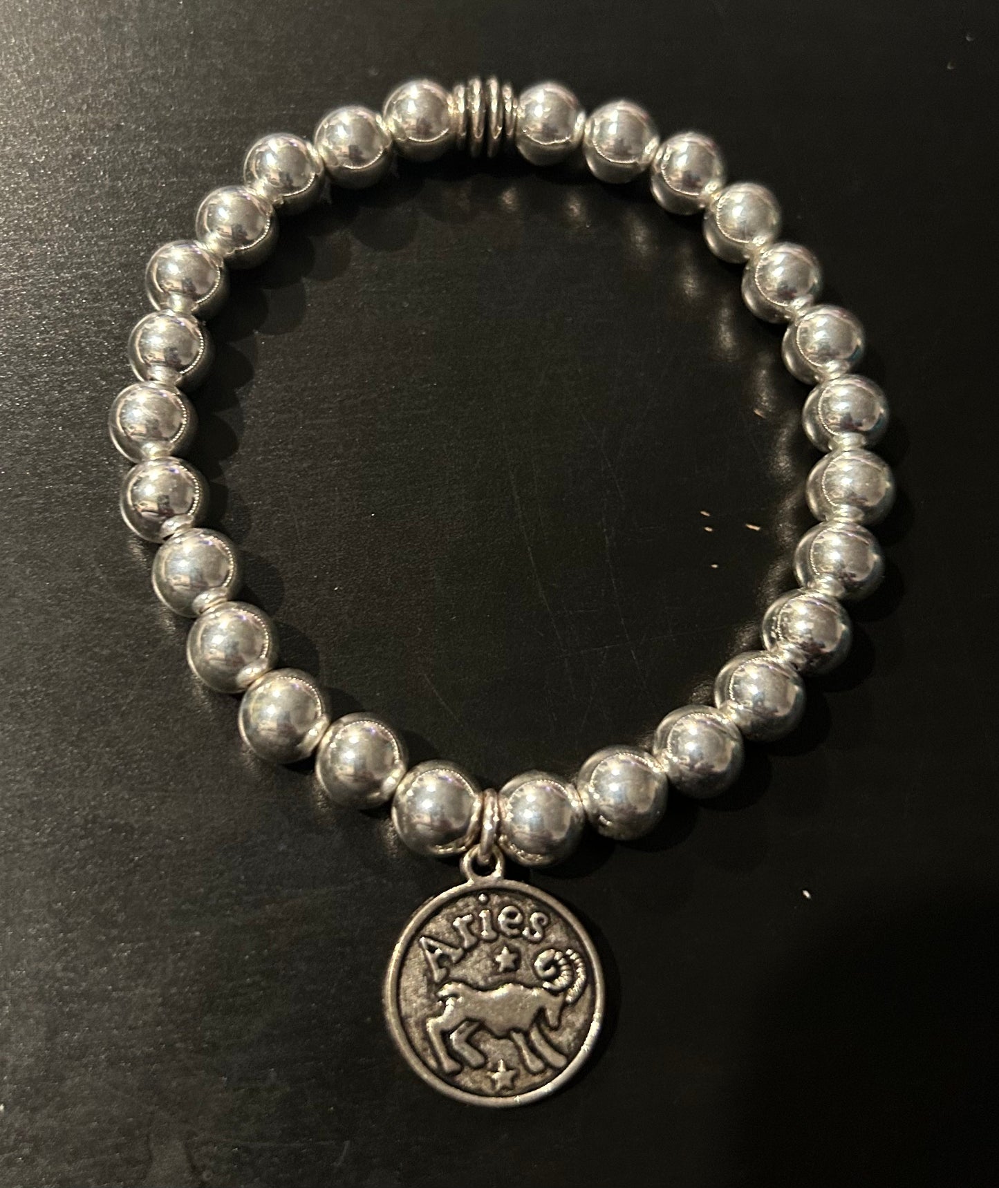 Silver beads w/“Aries” metal charm bracelet