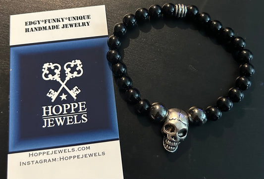 Black beads hematite and 3D metal silver Skull