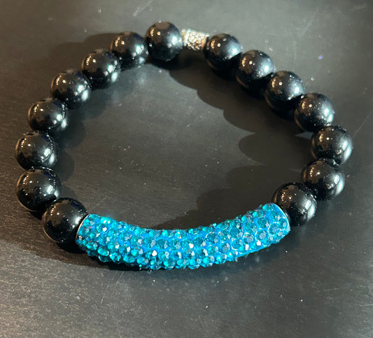 Black obsidian gemstones w/electric turquoise blue rhinestone bar