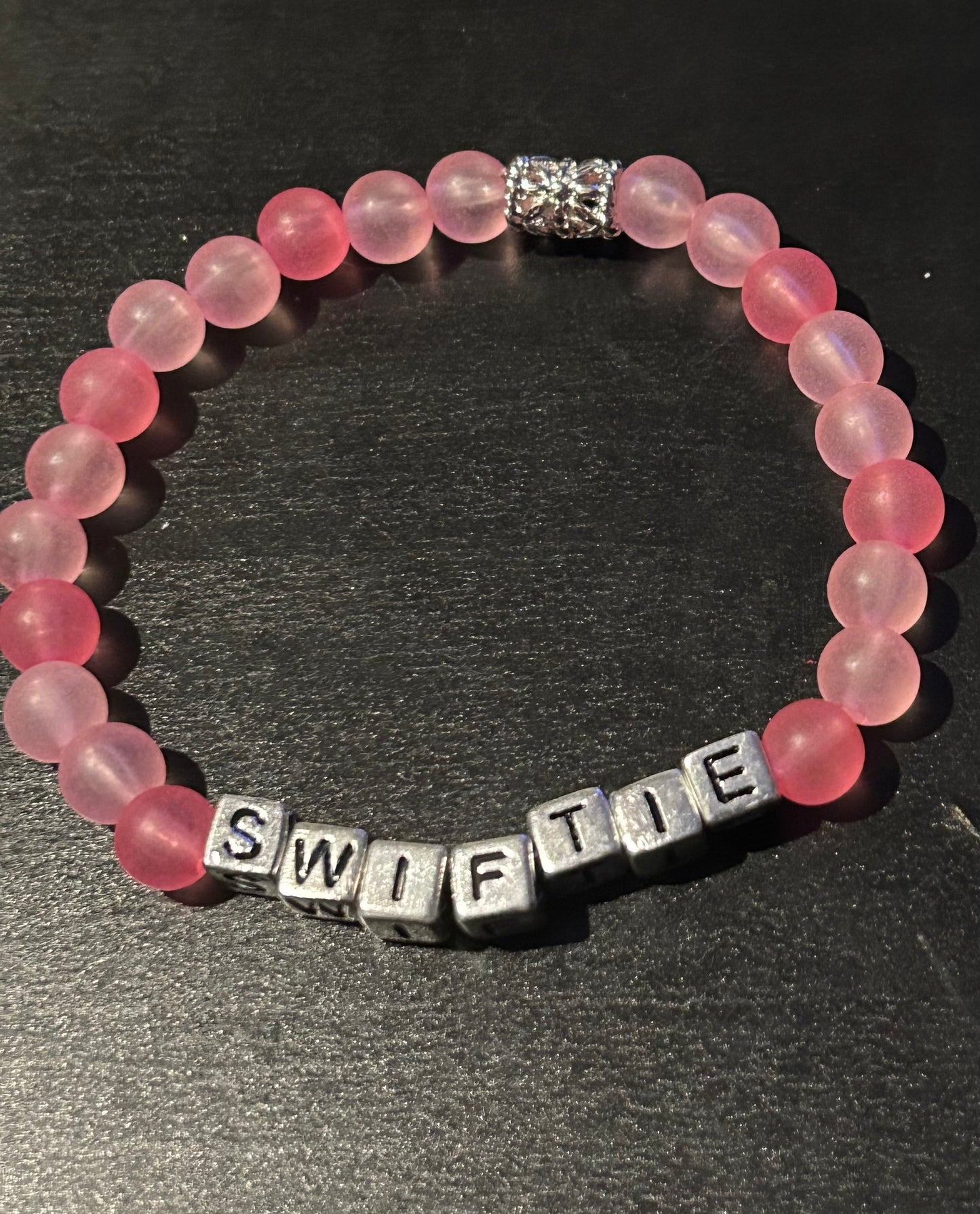 Pink glass stones w/Silver block letters Taylor Swift “Swiftie” bracelet w/matching earrings