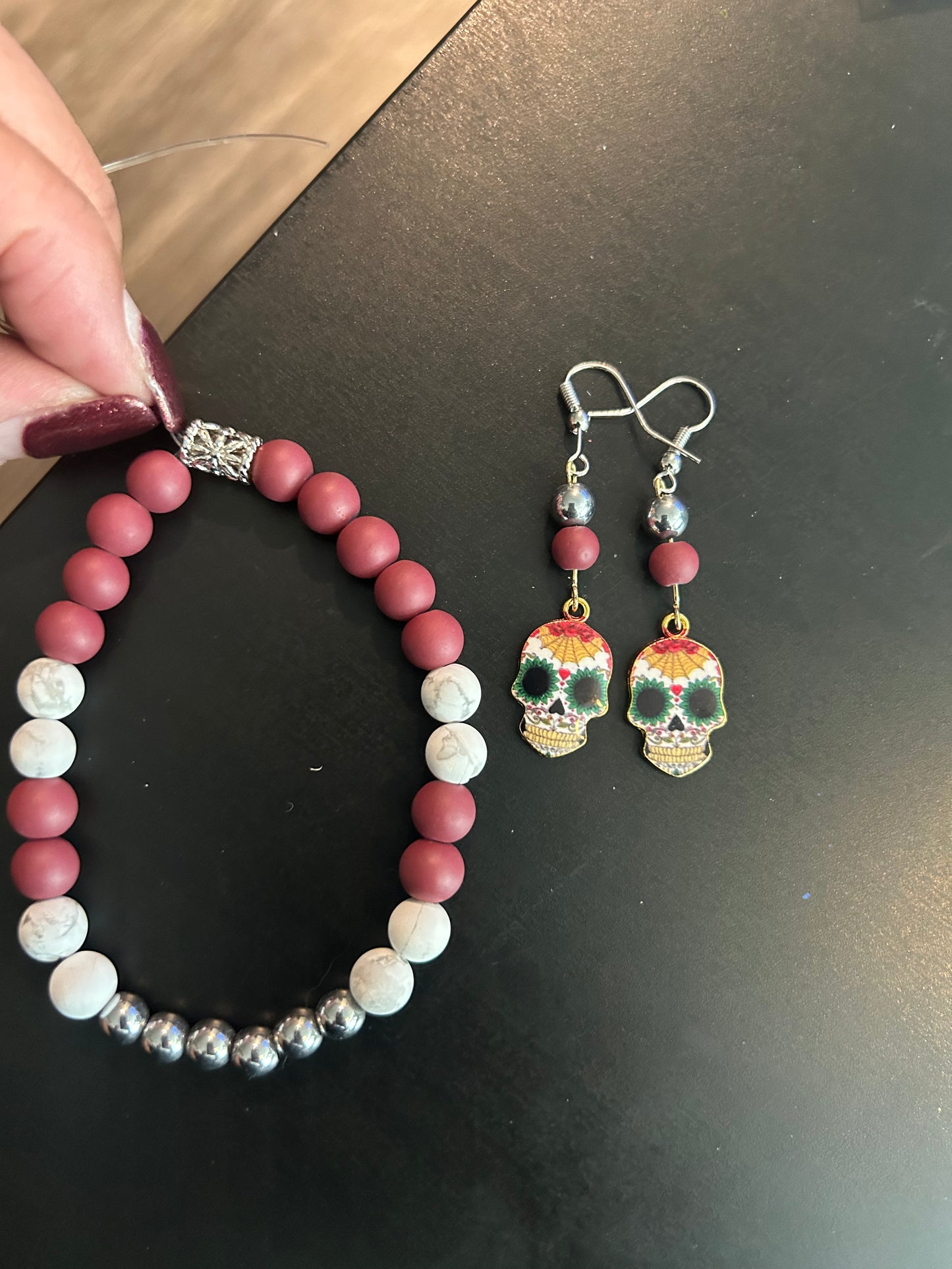 Maroon white made & silver stretch bracelet & Sugar Skull earrings set *SOLD*