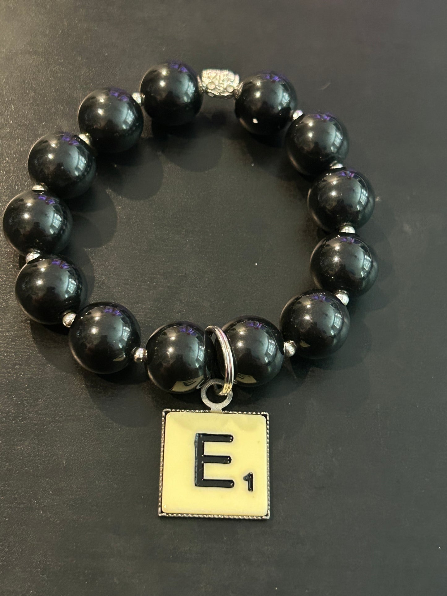 large Black beads w “E” Scrabble charm