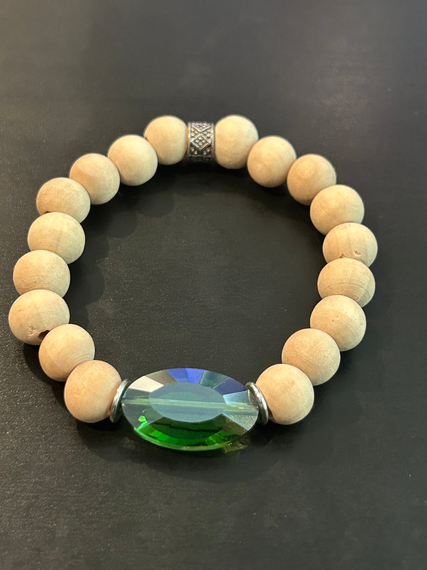 maple wood beads w/Emerald Green accent