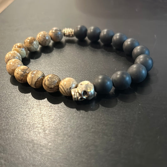 Jasper gemstones w/black matte beads Metal 3D Skull