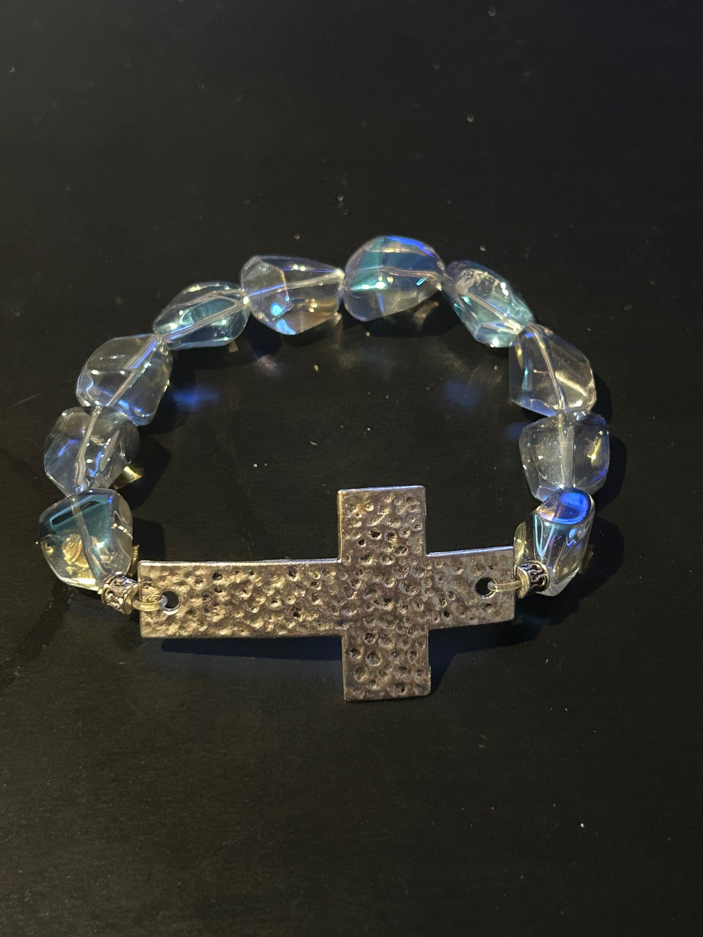 Iridescent stones w/metal hammer silver cross