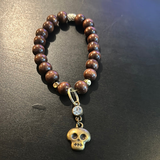 Dark Oak wooden w/Bronze metal rhinestone sugar skull