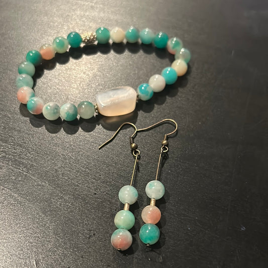 Watermelon Stones bracelet & matching earrings SET (2pcs)