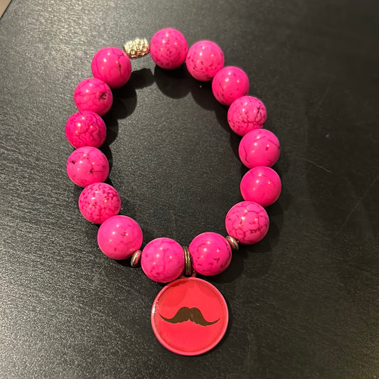 Hot pink crackled stones  w/Pink mustache charm