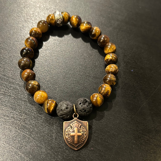 Tiger Eyes Gemstones w/Metal Cross Shield medallion