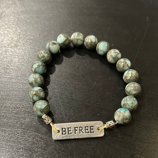 Pale Blue marbled “Be Free” metal stretch bracelet