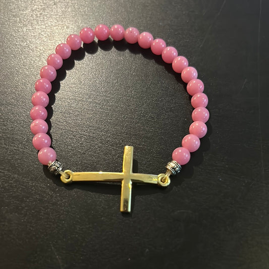 Mini Thin Pink gemstones w/gold tone thin cross