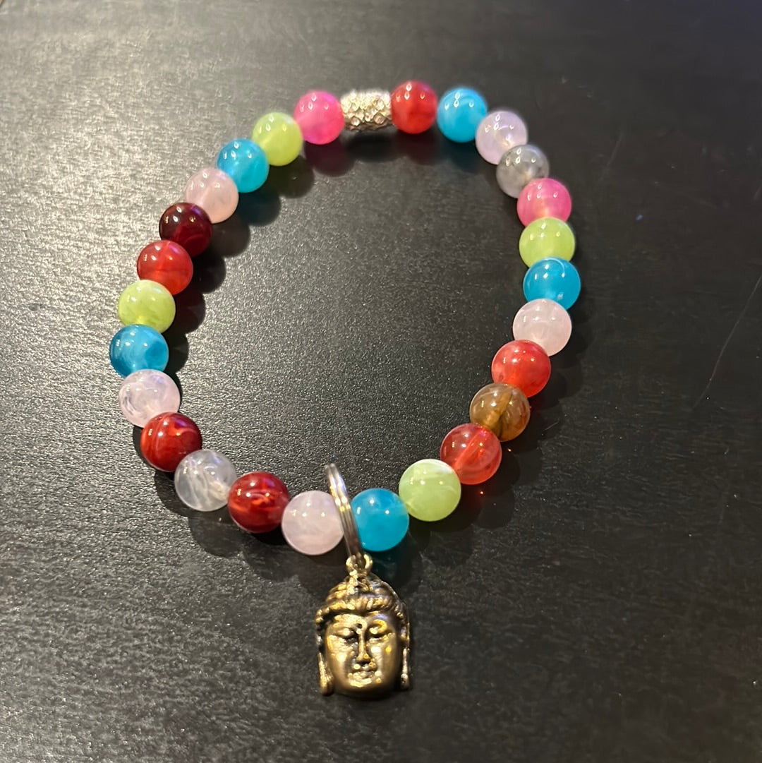 Multi colored Beads w/Mini Bronze metal Buddha