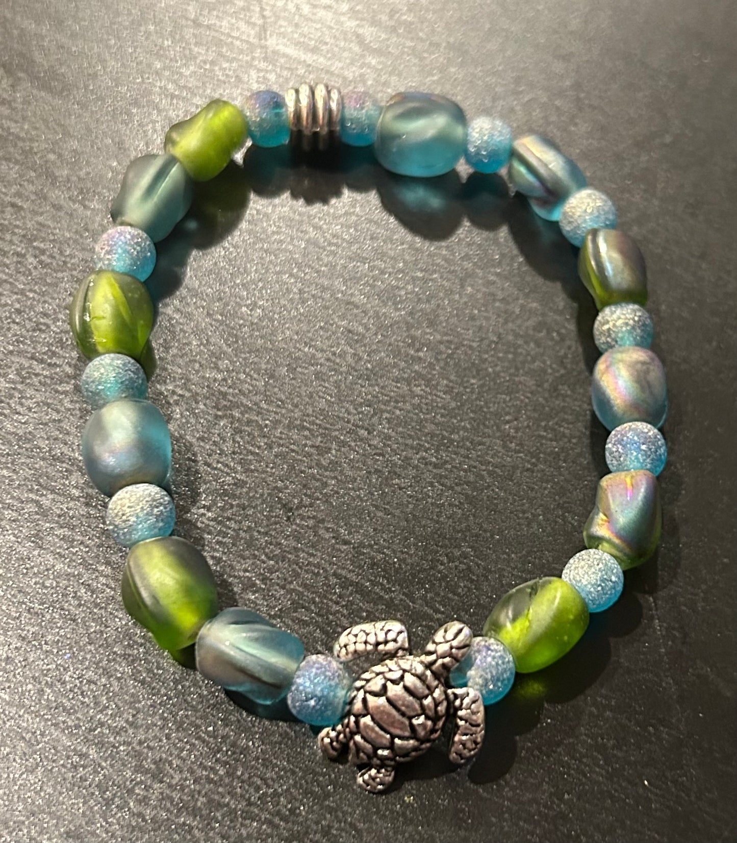 Ocean sea glass stones w/silver Turtle charm bracelet