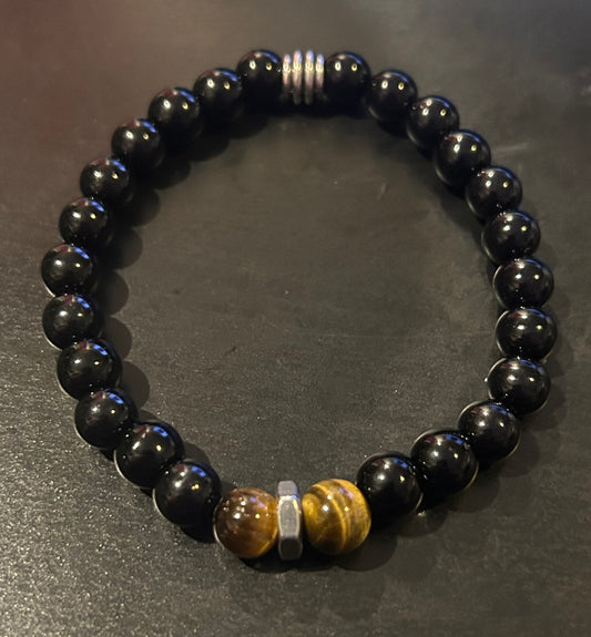 Black stones w/Tiger eyes gemstones & silver metal accent