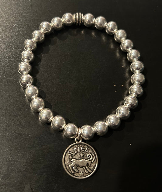 Silver beads w/“Aries” metal charm bracelet