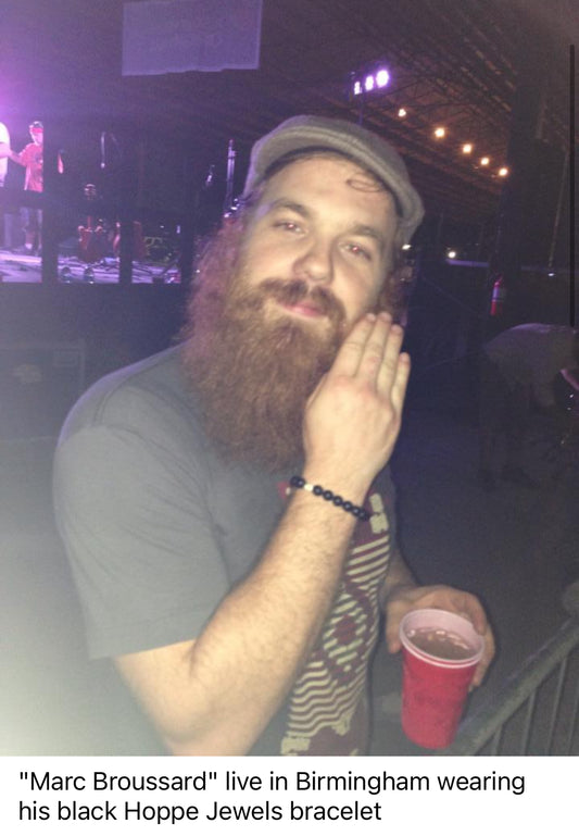 Singer, Marc Broussard wearing his HJ bracelet on tour in 2014/Birmingham AL