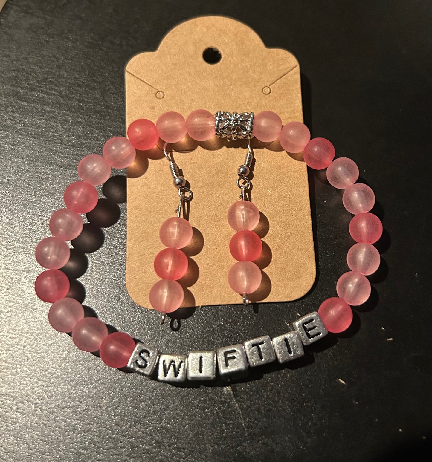 Pink glass stones w/Silver block letters Taylor Swift “Swiftie” bracelet w/matching earrings