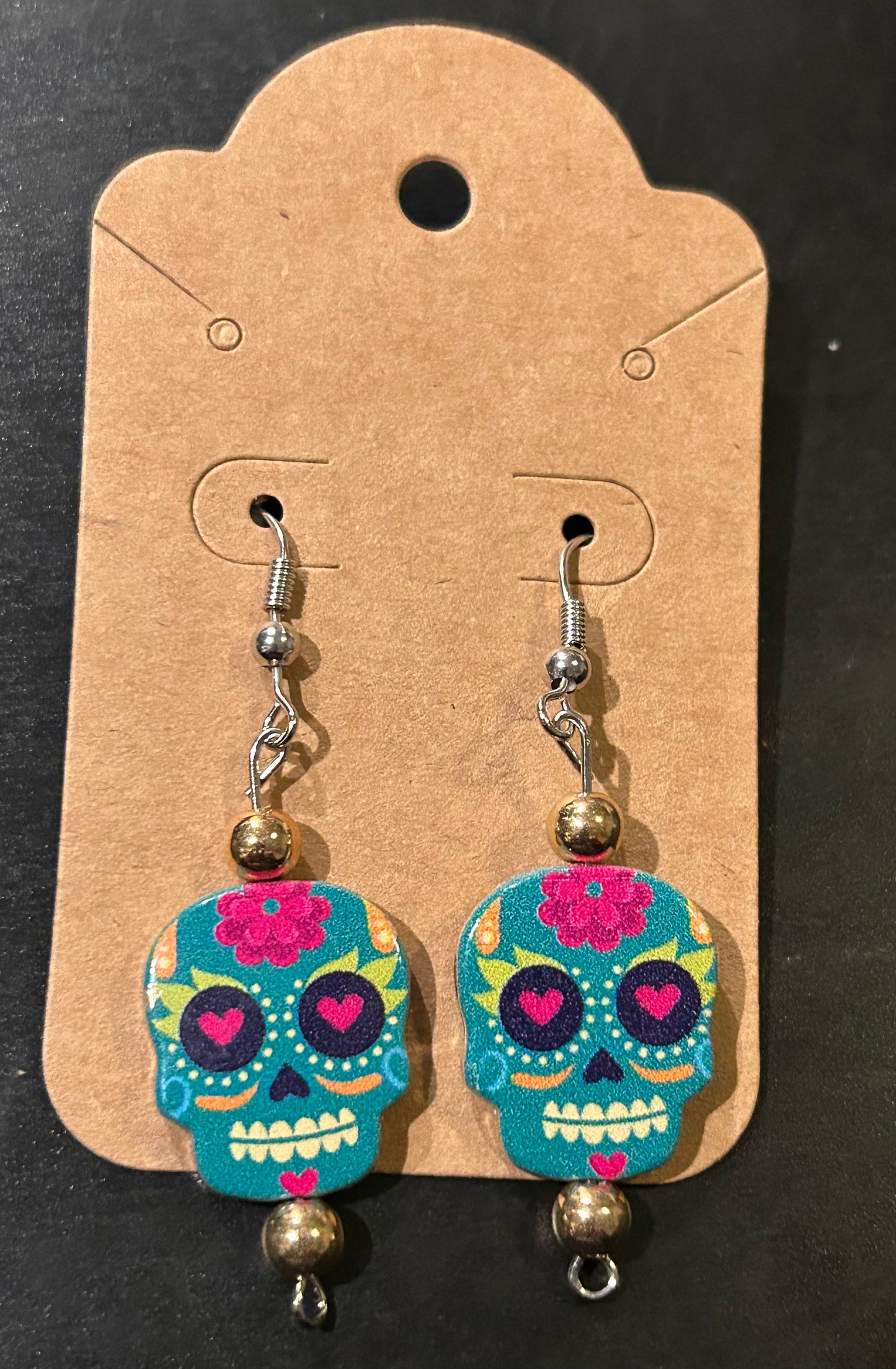 Turquoise & hot pink Sugar Skull drop earrings