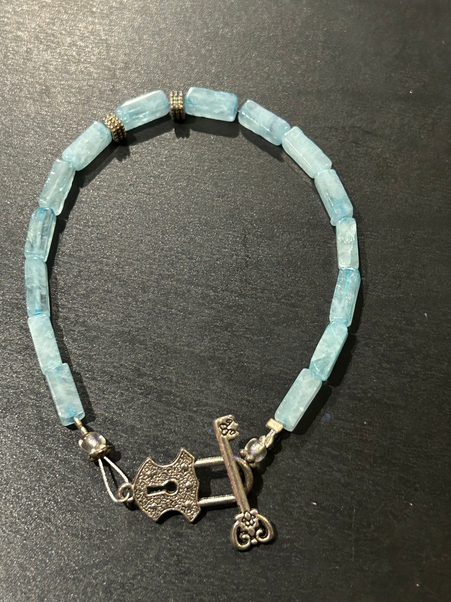 Light blue gemstones w antique lock & key toggle metal bracelet