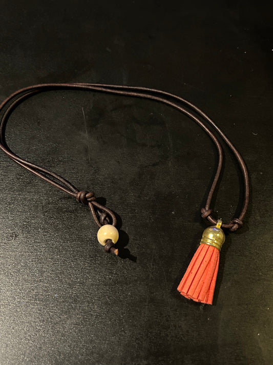 Brown leather pink tassel necklace