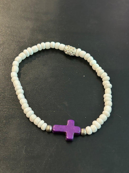 Small white seed beads q/purple cross